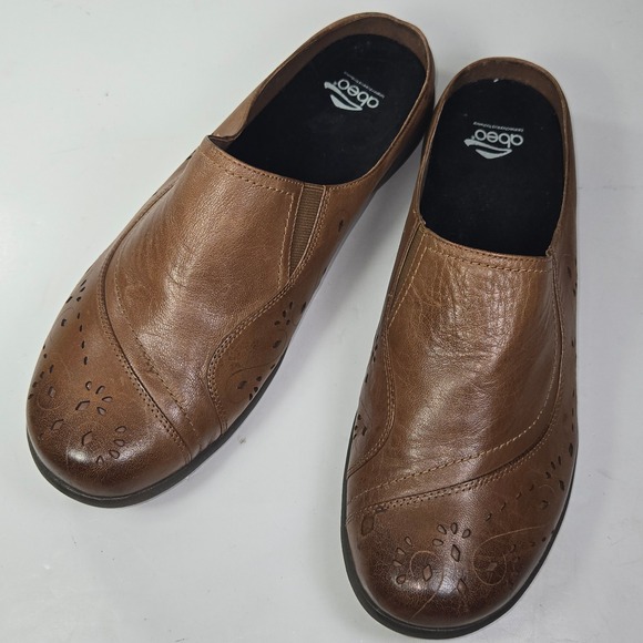 Abeo Shoes - Abeo Edith PEW1062 Brown Leather Perforated Comfort Mules Clogs Womens 11